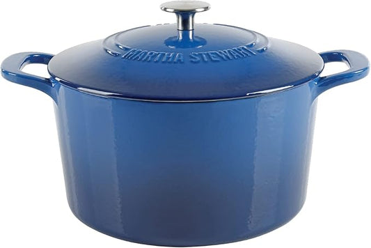 MARTHA STEWART Gatwick 7-Quart Enamel Cast Iron Dutch Oven Pot with Lid – Classic Blue – Durable Heavy-Duty Dutch Oven for Slow Cooking, Braising & Baking