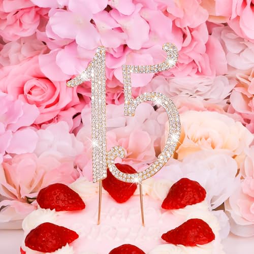 Gold 15th Birthday Cake Topper Rhinestones Cake Decorations for 15th Birthday Party