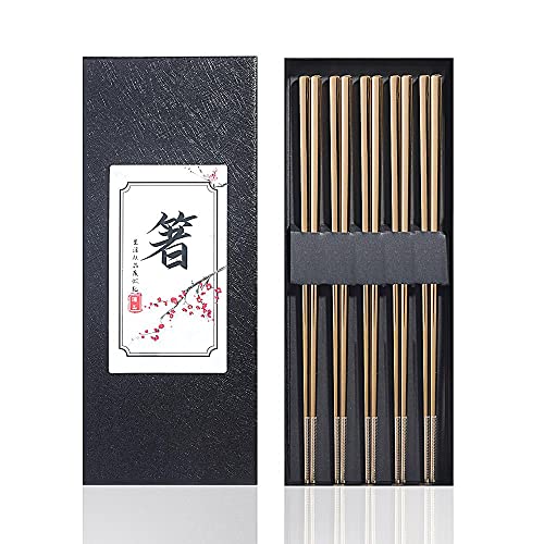 Metal Chopsticks Reusable Titanium Plated Stainless Steel Japanese Korean for Food & Cooking 9.5Inch Non (5 Count)