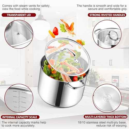 16-Quart 18/10 Stainless Steel Stock Pot with Lid, Large Heavy Duty Soup Pot Compatible with Electric, Gas, Induction and Gas Cooktops, Non-Toxic & Corrosion Resistant, Dishwasher Safe