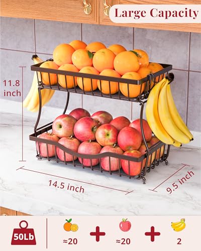 Large 2 Tier Fruit Basket for Kitchen Counter with 2 Banana Hangers (2 Count)