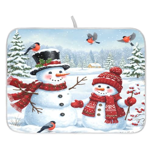 Winter Christmas Snowman Dish Drying Mat for Kitchen Counter Absorbent Microfiber Small Drying Pad Dish Mats Snowflakes for Kitchen Countertops 16 x 18 Inch