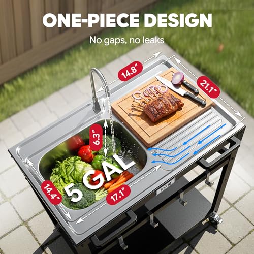 35" Movable Outdoor Grill Cart with Stainless Steel Sink & Faucet