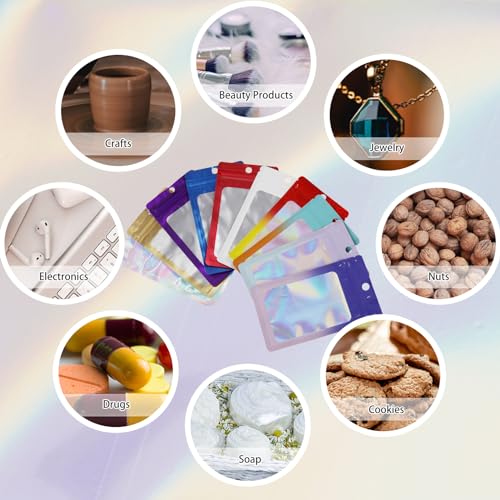 200 Pack Resealable Mylar Holographic Bags Food Storage Smell Proof Bags with Front Window Foil Packaging Pouch for Candy Sample Jewelry Small Business 3.54×6.29 Inch (200 Count)