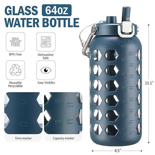 64oz Glass Water Bottle with Straw and Lid