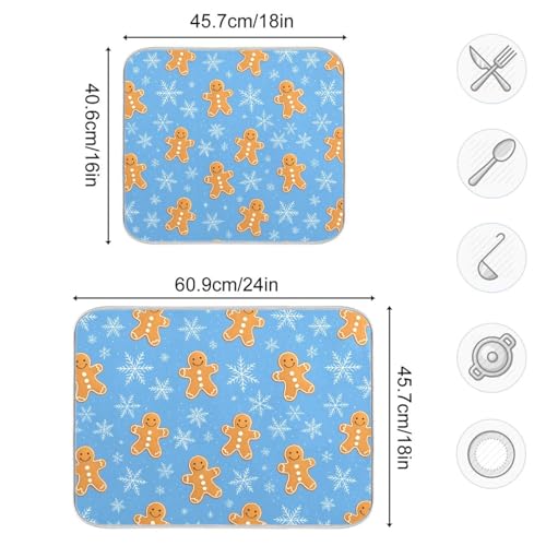 Snowflake Gingerbread Cookie Blue Dish Drying Mat for Kitchen Counter Absorbent Microfiber Drying Pad