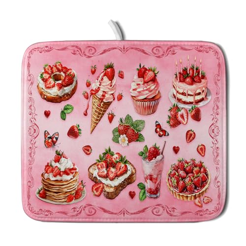 Pink Strawberry Dish Drying Mat for Kitchen Counter Washable Absorbent Dish Draining Mat 16×18in