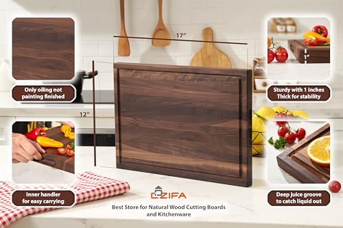 American Dark Walnut Wood Cutting Board 17x12 x1in for Kitchen with Juice Groove