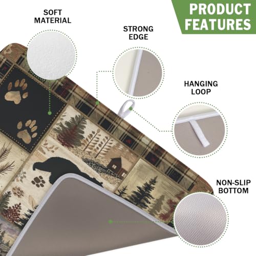 Black Bear Dish Drying Mat Forest Cabin Decorative Dishes Pad 16x18 Inch Absorbent Fast Dry Dish Drainer Rack Mats for Kitchen Counter Sink