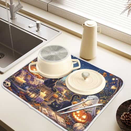 Halloween Night Scene Dish Drying Mat for Kitchen Counter Absorbent Microfiber Large Drying Pad Cats Ghost Dish Mats for Kitchen Countertops 18 x 24 Inch
