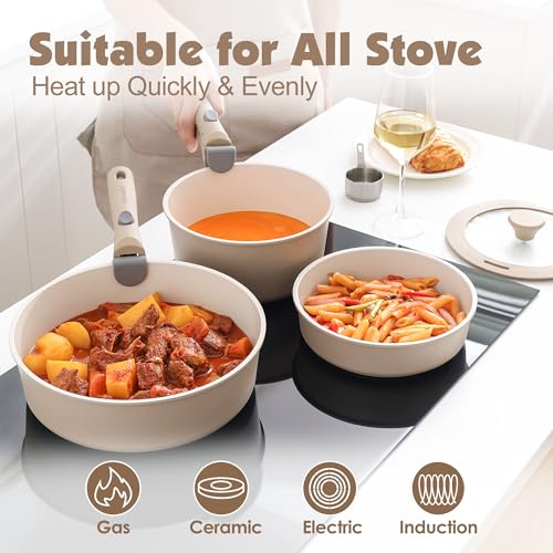 24 Piece Ceramic Detachable Handle Pots and Pans Set Almond Beige