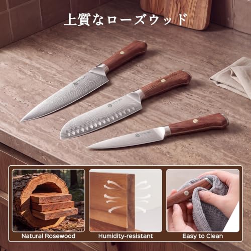 3 PCS Japanese Kitchen Knife Set with Full Tang Rosewood Handle (3 Count)
