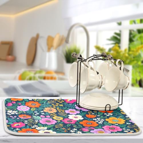 Flower Floral Dish Drying Mat for Kitchen Counter Absorbent Microfiber Drying Pad