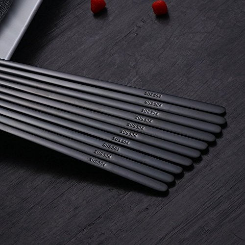 5 Pairs Black Flat Reusable Metal Chopsticks (5 Count)