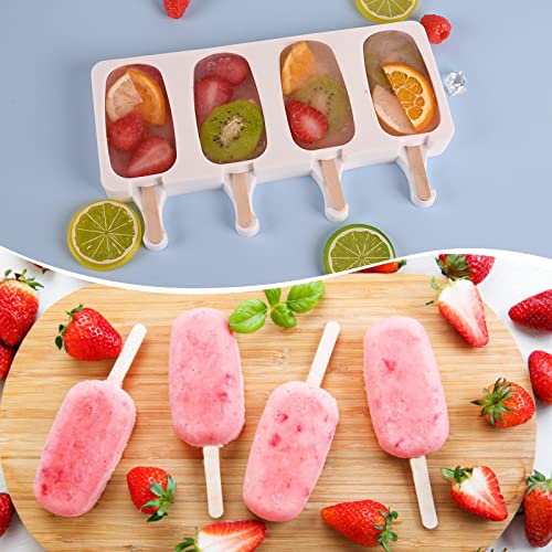 3 Pack 4 Cavity Popsicle Silicone Molds with 100 Pcs Wooden Sticks (3 Count)