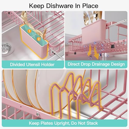 Pink Dish Drying Rack Over the Sink with Utensil Holder
