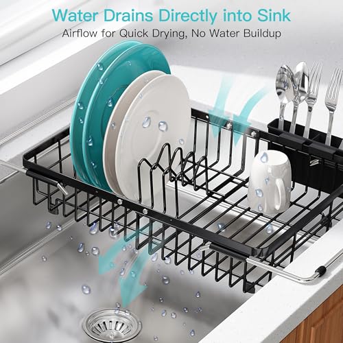 Black Dish Drying Rack Over the Sink with Utensil Holder
