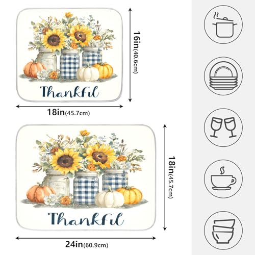 Autumn Pumpkin and Sunflower Floral Vase Dish Drying Mat for Kitchen Counter Absorbent Microfiber Large Drying Pad Dish Mats for Kitchen Countertops 18 x 24 Inch