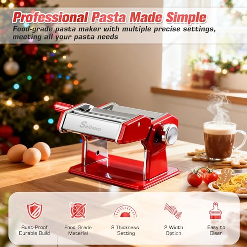 3-in-1 Pasta Maker with 9-Setting Pasta Roller & Cutters, Red