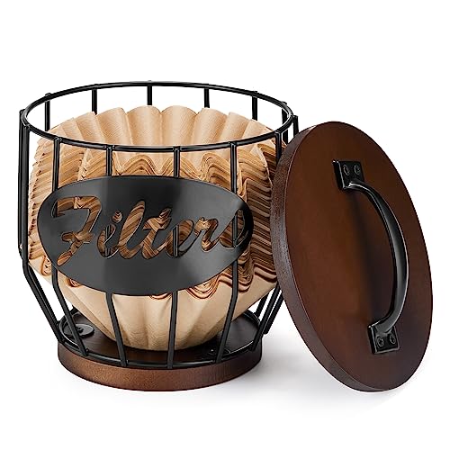 Metal Coffee Filter Storage Holder with Wooden Lid for 2