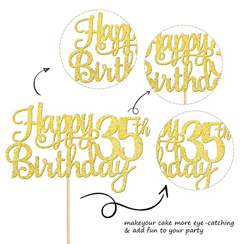 1 PCS Happy 35th Birthday Cake Topper Gold Glitter Cheers to 35 Years Birthday Cake Pick 35 Fabulous Cake Decoration for Happy 35th Birthday Theme Party Decorations Supplies
