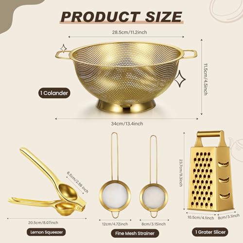 5 Pcs Gold Kitchen Appliances Includes 5 Quart Gold Colander and 2 Pcs Strainer Set (5 Count)