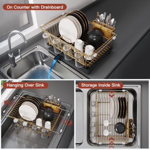 Gold Dish Drying Rack in Sink with Drainboard and Utensil Holder
