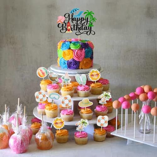 37Pcs Summer Beach Pool Cupcake Toppers Glitter Beach Happy Birthday Cake Topper Ball Sun Umbrella Water Gun Cupcake Picks for Tropical Hawaii Theme Birthday Party Decorations Supplies Black (37 Count)