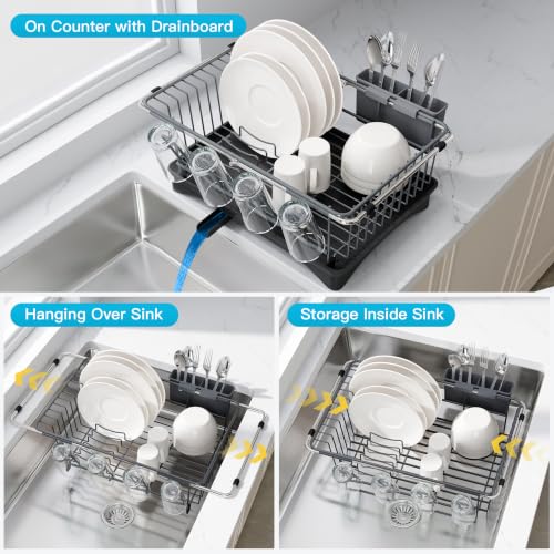 Gray Dish Drying Rack in Sink with Drainboard and Utensil Holder