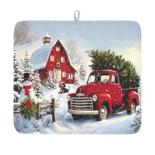 Red Truck Dish Drying Mat Winter Xmas Tree Drainer Rack Pad 16"x18" Microfiber Absorbent Quick Dry Dish Sink Mat for Table Kitchen Counter