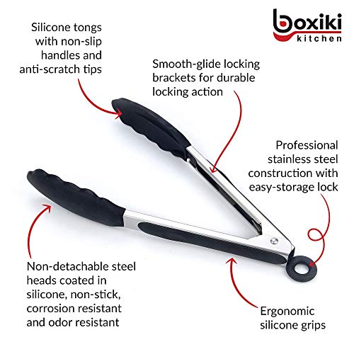 Kitchen Tongs for Cooking with Silicone Tips by Boxiki Kitchen