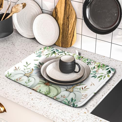 Fall Blue Pumpkin Dish Drying Mat Autumn Harvest Dishes Pad 16"x18" Microfiber Quick Dry Dish Drainer Rack Mats Kitchen Counter Accessories