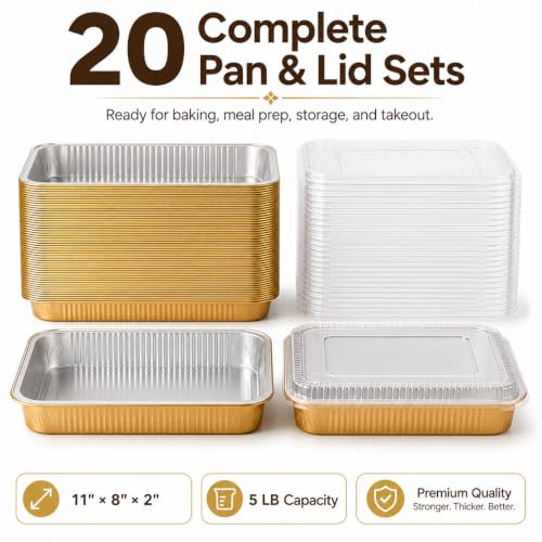 20 Pack 11"×8"×2" Aluminum Pans with Lids Heavy Duty (20 Count)