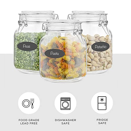 Airtight Glass Jars with Lids Set of 3. 32oz Glass Jar with Lid and 6 Silicone Seals! Med Glass Food Storage Containers. Square Mason Jar (3 Count)