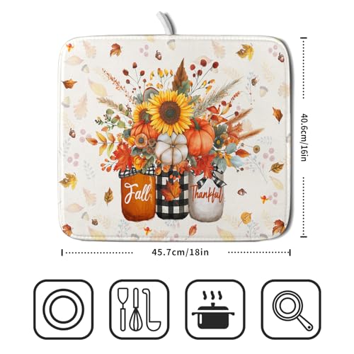 Autumn Pumpkin Dish Drying Mat 16x18 Inch Sunflower Flower Vase Washable Draining Mat with Hanging Loop Seasonal Holiday Home Decoration