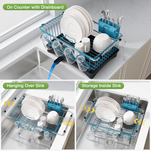 Blue Dish Drying Rack in Sink with Drainboard and Utensil Holder