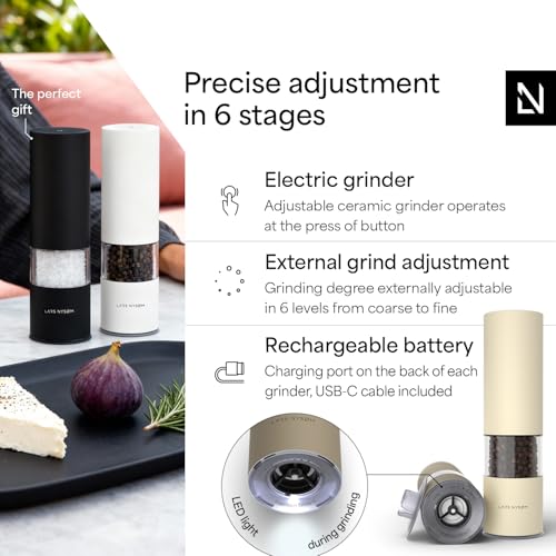 Electric Salt and Pepper Grinder Set I Automatic Salt and Pepper Mills with Adjustable Ceramic Grinder I USB Rechargeable Electric Spice Mill Set with LED Light