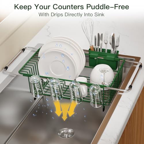 Green Expandable Dish Drying Rack Over Sink with Anti
