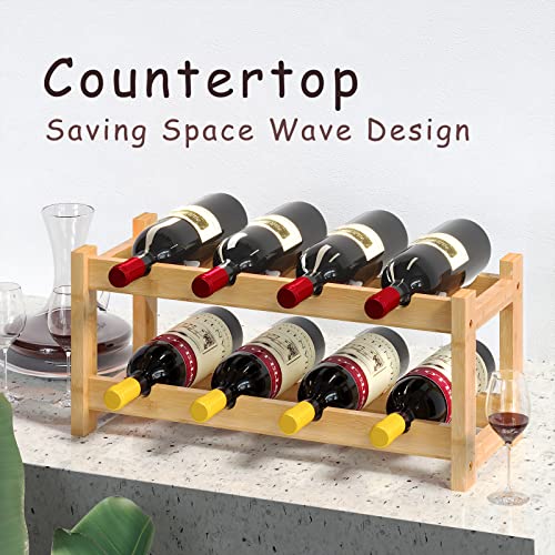 Wine Rack Freestanding 8 Bottle 2 Tier Bamboo Wine Racks Countertop Cabinet Wine Holder Wine Storage Shelf for Kitchen