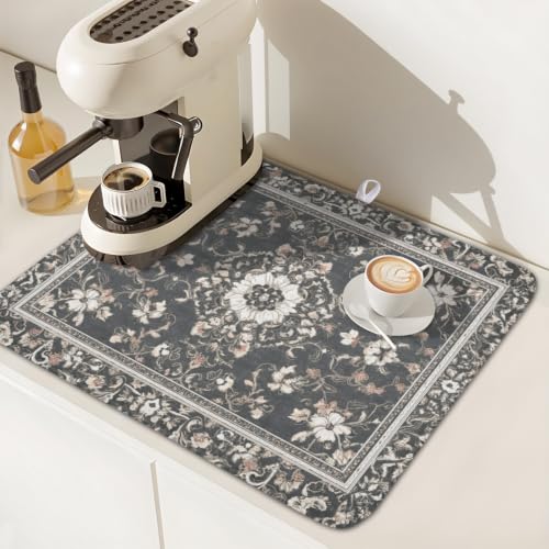 Boho Floral Dish Drying Mat Grey Leaves Dishes Drainer Pad 16x18 Inch Microfiber Absorbent Kitchen Dry Rack Mat for Counter Tableware Decor
