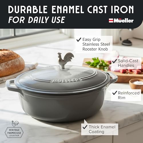 MUELLER HOME 5.5 Quart Enameled Cast Iron Oval Dutch Oven with Rooster Knob & Cotton Potholders