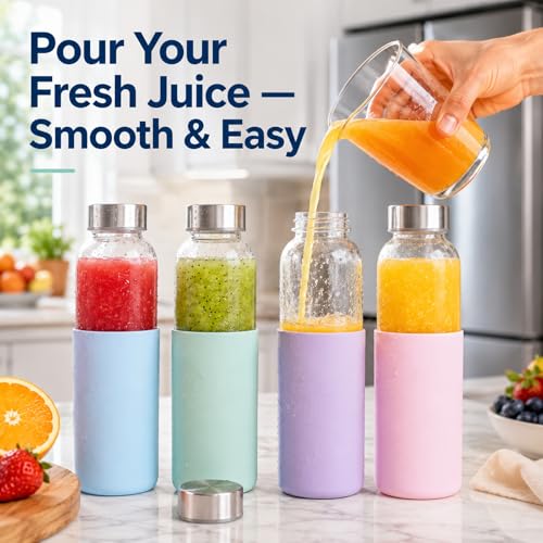16 oz Glass Water Bottles with Lids and Silicone Sleeve 4 Pack