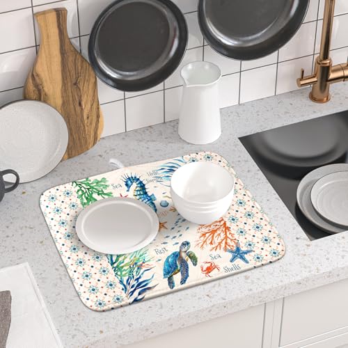 Nautical Coastal Dish Drying Mat Sea Turtle Seahorse Dish Drainer Pad 16"x18" Microfiber Reversible Fast Dry Pad for Kitchen Counter Decor