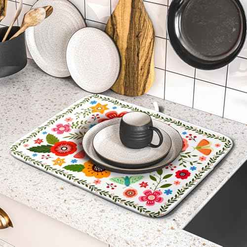 Colorful Boho Floral Dish Drying Mat 16x18 Inch Dishes Dry Pad Drainer Rack Mats Absorbent Hanging Loop Kitchen Counter Bar Accessories