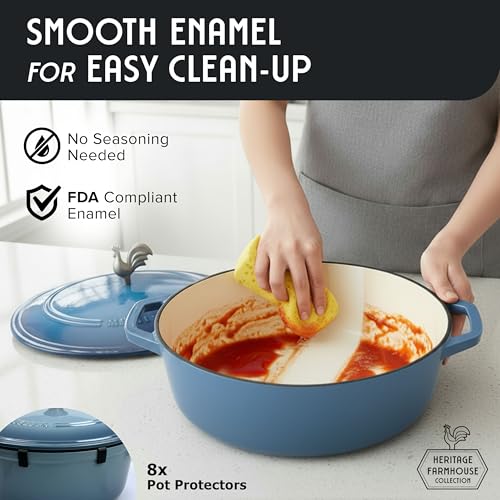 MUELLER HOME 5.5 Quart Enameled Cast Iron Oval Dutch Oven w Rooster Knob & Cotton Potholders