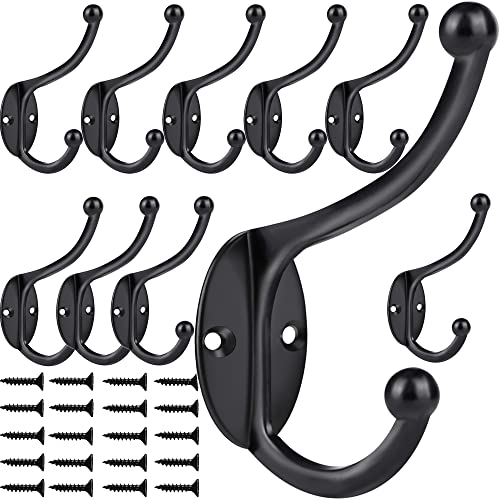 Wall Hooks 10Pcs Coat Hooks Hardware Towel Hooks for Hanging Coats Double No Rust Black Robe Hooks Wall Mounted with Screws for Key (10 Count)