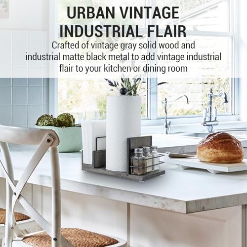 Rustic Gray Wood Paper Towel & Napkin Holder with Spice Rack Holder