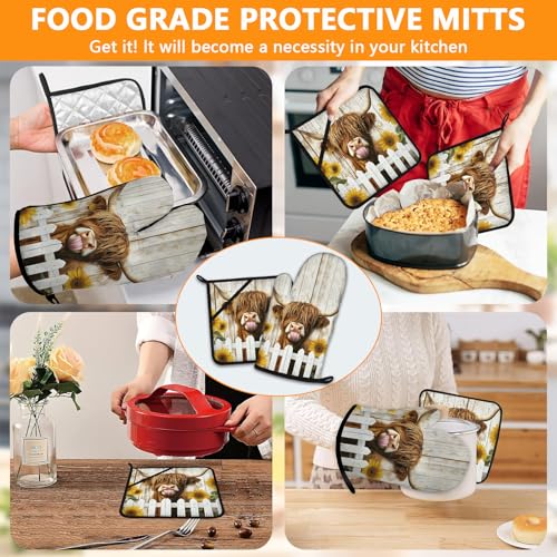 Sunflower Highland Cow Oven Mitts and Pot Holders Sets 4Pcs