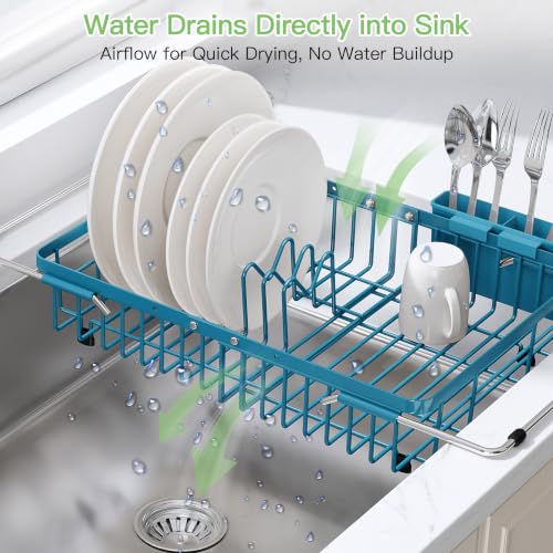 Blue Dish Drying Rack Over the Sink with Utensil Holder