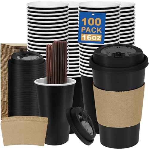 16 oz 100 Pack Coffee Cups with Lids and Sleeves (100 Count)